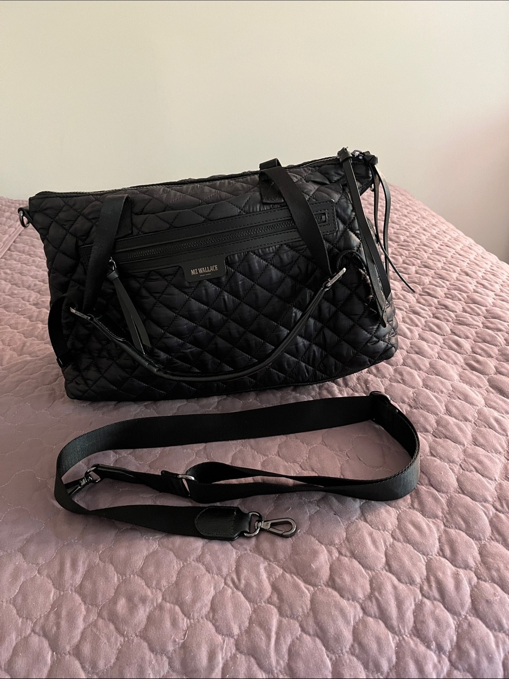 MZ Wallace Black Quilted Nylon PARK Satchel with Detachable Strap